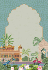 Indian garden, peacock, swan, lotus and arch frame illustration for Sikh invitation