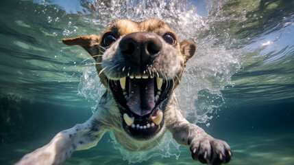 Poster - a freediver dog dives in clear water in summer.