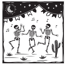Skull Dancing To The Sound Of Music At A Party. Night Moon With Stars. Vector Illustration In Black And White