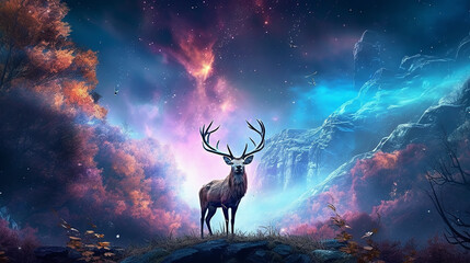 Wall Mural - fantastic landscape lone deer fantasy style. dream fairy tale magic art.