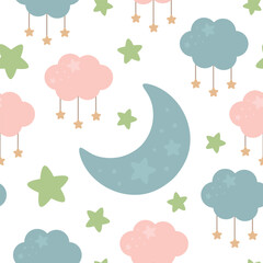 Wall Mural - Moon, Sun, Cloud and Stars Cute Seamless Pattern, Cartoon Vector Illustration, Cute Kawaii Cartoon Drawn Background, Isolated Background