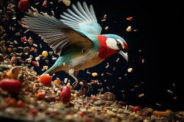 Poster - A vibrant bird soaring through the air above a mound of delicious food. This image can be used to depict the beauty of nature and the abundance of food.