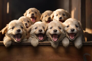 Wall Mural - A group of adorable puppies sitting together in a box. Perfect for pet-related projects and promotions.