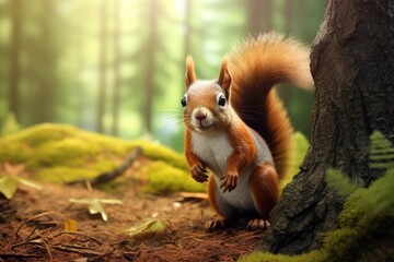 Poster - A squirrel is standing next to a tree in a forest. This image can be used to depict wildlife, nature, animals, or outdoor activities.