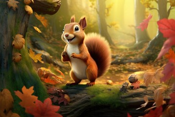 Poster - A squirrel standing on a log in a forest. Can be used to depict wildlife, nature, or animal behavior.
