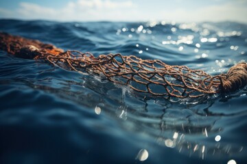 Sticker - A fishing net peacefully floats on top of a body of water, creating a tranquil scene. This image can be used to depict the calmness of nature or to illustrate the fishing industry.