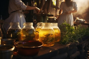 Poster - A table featuring a variety of jars filled with different types of food. Ideal for showcasing a range of culinary options.