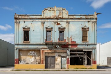Poster - An old run-down building with graffiti all over it. Perfect for urban art, street culture, or decay-themed projects.