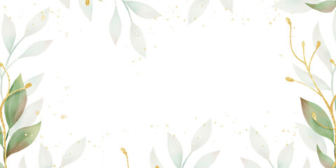 Naklejka na meble Gold banner,luxury background. Hand Drawn Illustration brush stroke paint
 ornament decorate.Watercolor leaves,green foliage. Wedding invitation border