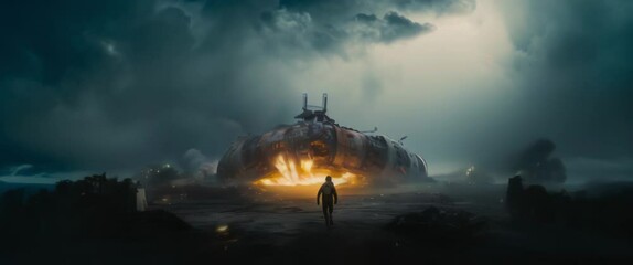 man standing in front of exploding crushed spaceship laying on planet surface. anamorphic 4k footage