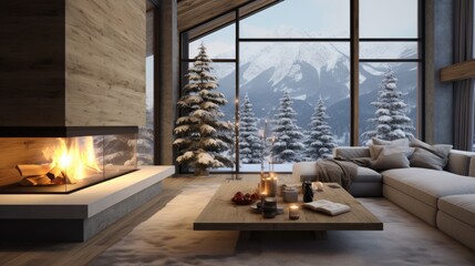 Interior of a mountain cabin in a winter landscape