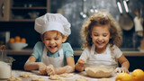 Fototapeta  - Happy family with two funny kids baking cookies in the kitchen , creative and happy childhood doing manual activities