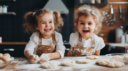 Happy family with two funny kids baking cookies in the kitchen , creative and happy childhood doing manual activities