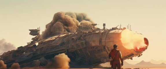 Wall Mural - Man standing in front of exploding crushed spaceship laying on planet surface. Anamorphic 4k footage