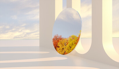 Poster - Abstract Autumn scene with mirror reflect Autumn forest. 3d rendering.