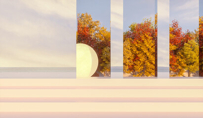 Poster - Abstract Autumn scene with mirror architecture reflect Autumn forest. 3d rendering.