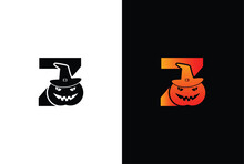 Halloween Letter Z Logo Design. Halloween Letter Z Logo Or Icon Template Design. Halloween Pumpkin In A Witch Hat On White Background