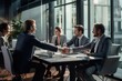 © PHAISITSAWAN - Image of a successful creative business team looking at the camera and smiling. Various business people stand together, holding hands when starting a business. AI created.
