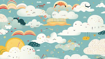 Poster -  a sky filled with lots of clouds and a kite flying in the sky.  generative ai