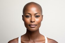 Black Bald Woman Look Camera On Grey Background Close Up Studio Portrait
