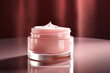 Delicate Cosmetic product Facial Cream,
Hand Cream, BB face cream on Pastel Pink Viva
Magenta color Background. Jar of moisturizer on
abstract soft background. Front view, copy
space. Close-up.