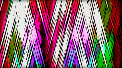 Poster - Abstract crossing bright multicolored lines creating a pattern of triangles. Motion. Contrasting diagonally flowing paint strokes.