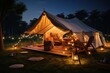 Camping under the Stars outdoor camping tent with a tarp or flysheet set up on a grass courtyard.Generated with AI