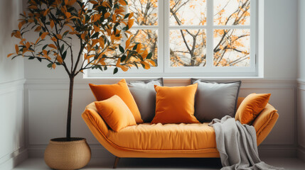 Wall Mural - Cozy sofa with orange cushions near white wall with curtain against window. Scandinavian style home interior design of modern living room