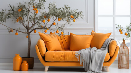 Wall Mural - Cozy sofa with orange cushions near white wall with curtain against window. Scandinavian style home interior design of modern living room