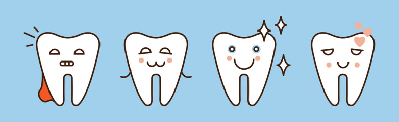 Wall Mural - Funny Little Tooth Icon with Face on Blue Background Vector Set