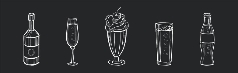 Sticker - Drink and Beverage in Sketch Style Drawn with Chalk on Black Background Vector Set