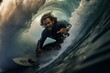 © H_Ko - Male athlete riding inside big wave on surf. Surfing concept. AI generated