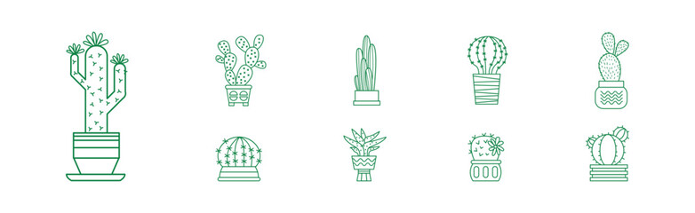 Sticker - Cactus Indoor Houseplant Growing in Pot Line Icon Vector Set