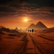 camel caravan in Egypt. Egyptian pyramids. AI generation.