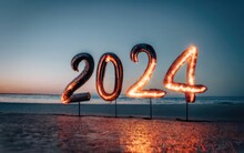 2024 Fireworks, Beach , 2024 Celebration, Enjoyment, New Year New Resolution, New Year Text 