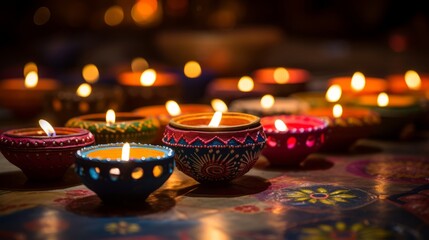 Sticker - Colorful clay Diya (Lantern) lamps lit during Diwali celebration. Greetings Card Design Indian Hindu Light Festival called Diwali