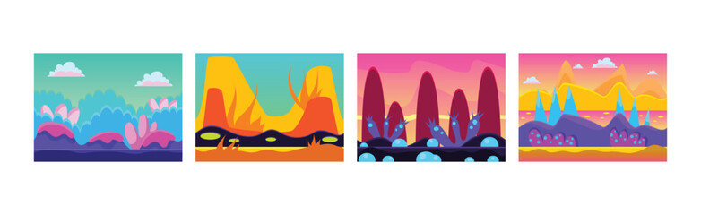 Poster - Bright Gaming Background with Abstract Nature Environment Vector Set