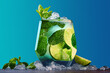 Mojito cocktail with lime and mint leaves in highball glass on pastel blue turquoise color background. Front view. Copy space.