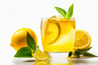 Glass with cocktail with lemon and mint leaves on white color background with shadow. Front view. Copy space.