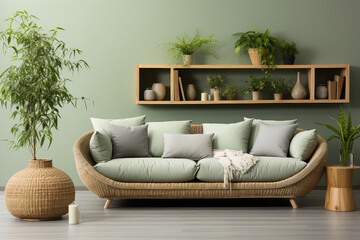 Wall Mural - A rattan sofa with light green cushions, a wicker basket, and big plants stands against a green wall with a shelf, contributing to the Scandinavian interior design of the modern living room