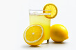 Glass with cocktail with lemon on white background with shadow. Lemonade drink. Front view. Copy space.