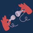 Cartoon vector illustration of Two parts of an electrical plug in hands in the moment of connecting disconnecting