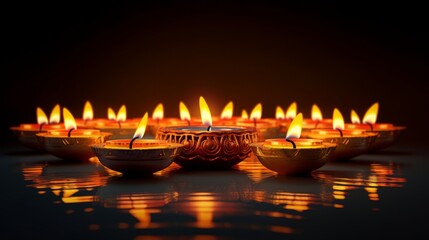 Sticker - illustration of Diwali festival of lights tradition Diya oil lamps against dark background