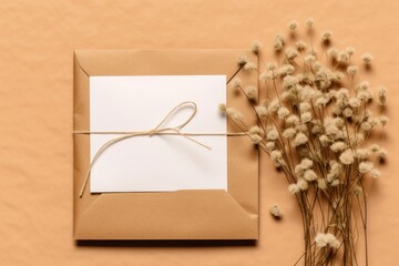 Canvas Print - Invitation or greeting card mockup with craft paper envelope, eucalyptus and gypsophila twigs. Card mockup with copy space on beige background