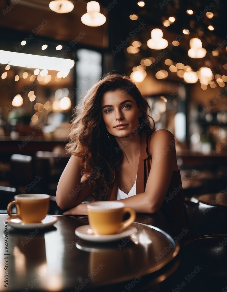 Beautiful young brunette curly long hair woman in a cafe with two ...