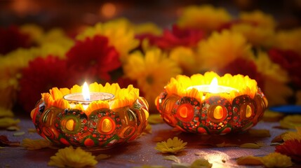 Sticker - Set of colorful design diyas (light lamps) lightened during festival of Diwali with yellow marigold flower background