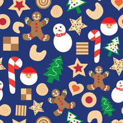  Blue Christmas cookies vector pattern background with gingerbread, thumbprint and santa cookies