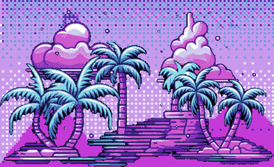 Aufkleber - Pixel art of mountain landscape. Template for video game or retro the 80's like design.