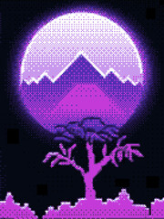 Aufkleber - Synthwave retro background with palm trees and sun in pixel art style.