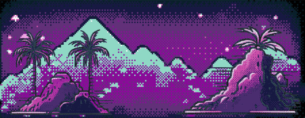 Aufkleber - Synthwave retro background with palm trees and sun in pixel art style.